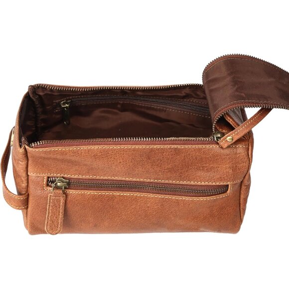 Unisex Chicago Tan Premium Buffalo Leather Toiletry Bag Travel Shaving kit - Picture 4 of 9